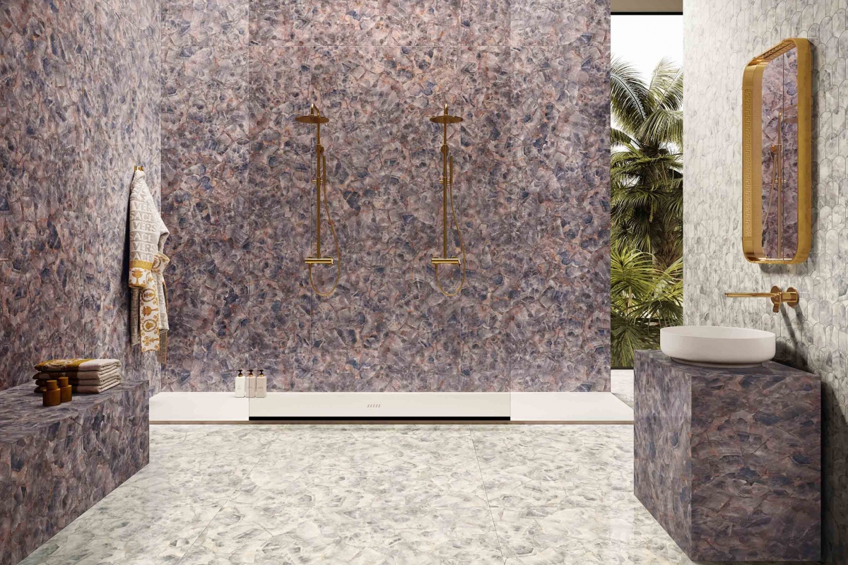 GEMSTONE DIAMANTE 120X120 + AMETISTA 120X280 + MOSAICO WAVE DIAMANTE 37,5X35