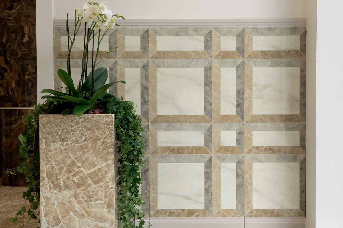 TARSIA FRAME AVORIO LUX 3D 60X120 PROSPECT AVORIO LUX 3D 60X120 + LA GRECA SIGNATURE BATTISCOPA WHITE 15X60 TORELLO WHITE 6X60