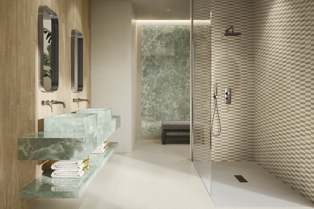 VSTONE WHITE LAPP 120X120 + LEATHERWOOD BISCUIT NAT 20X120 + MOSAICO LOZENGE BEIGE LAPP 28,5X20,5 + GEMSTONE ONYX GREEN BATH FURNITURE.jpg  