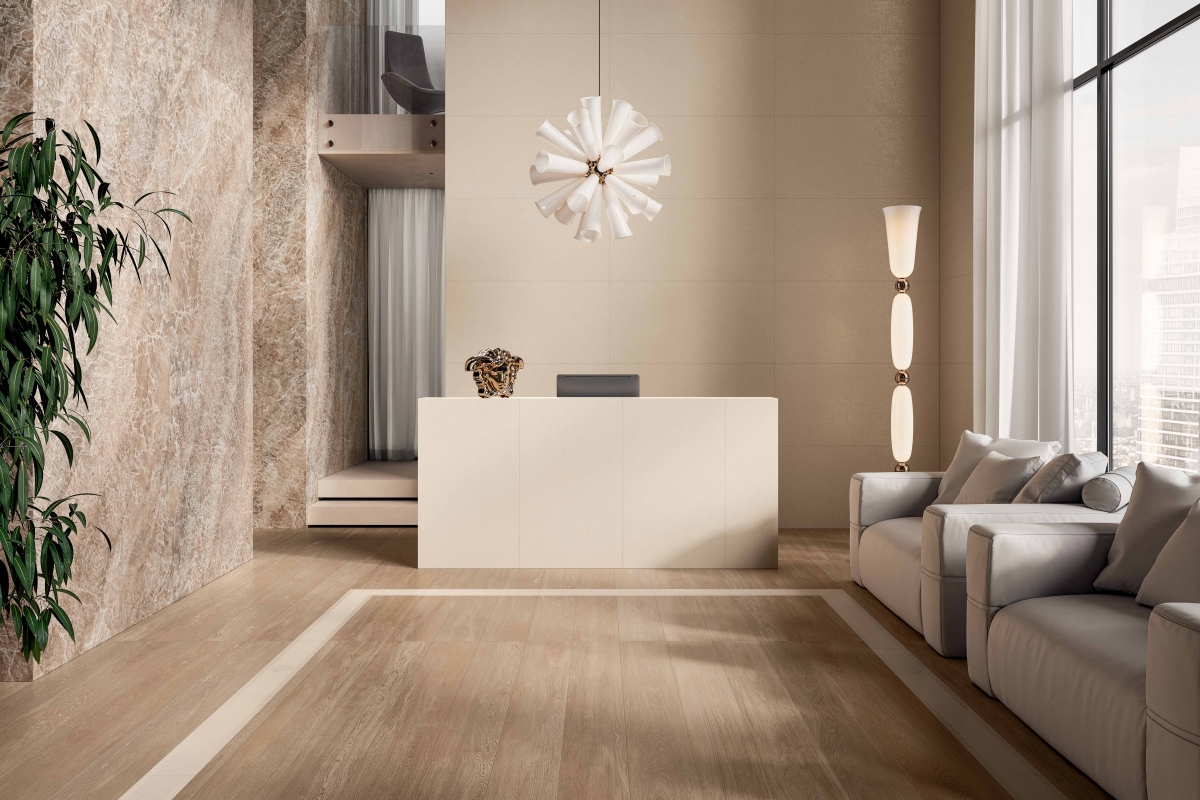 LEATHERWOOD HONEY NAT 20X120 + CUIR BEIGE NAT 60X120 + BORDER CUIR BEIGE NAT 15X60 + CORNER CUIR BEIGE NAT 15X15 + GEMSTONE CRISTALLO MIELE LUX 120X280.jpg  